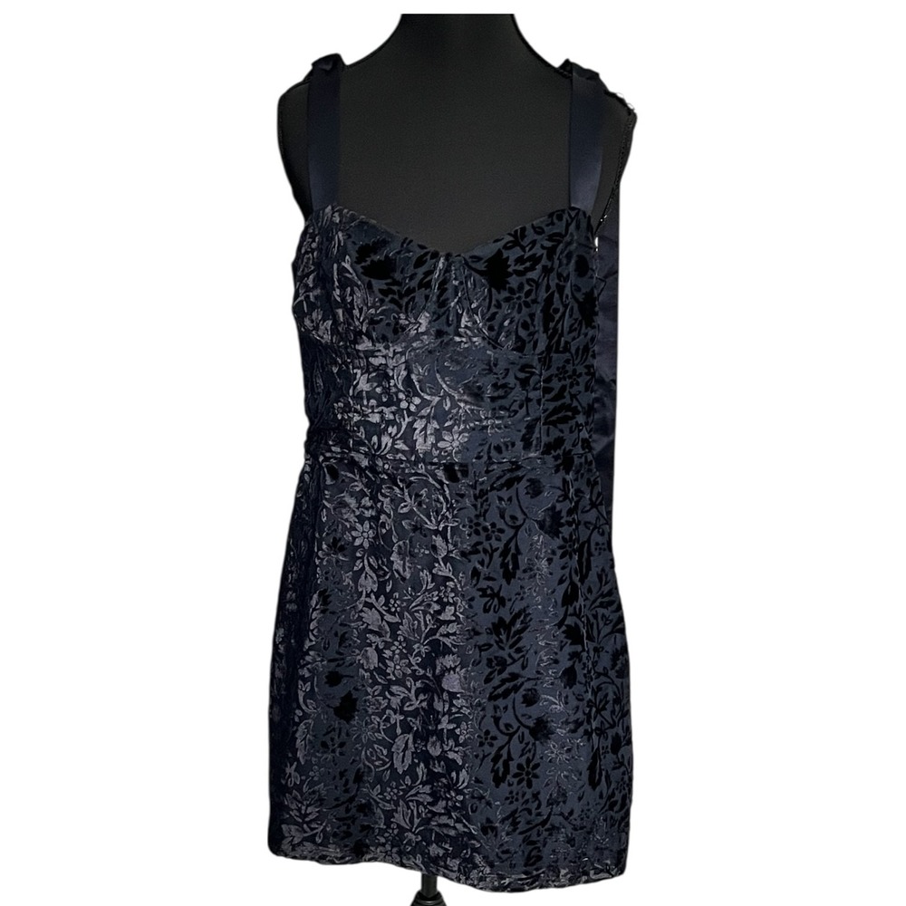 House of Harlow 1960 Navy B Floral Jacquard Sweetheart Tie Strap Evening Dress M - Picture 9 of 12